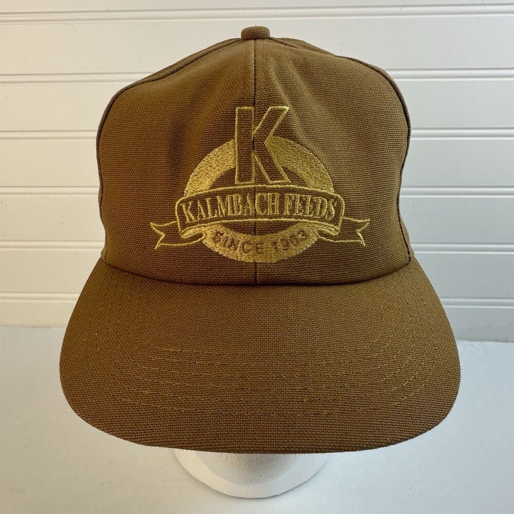 Kalmbach Feeds Hat Brown Canvas K-Products Farmer Trucker Strapback Cap Logo